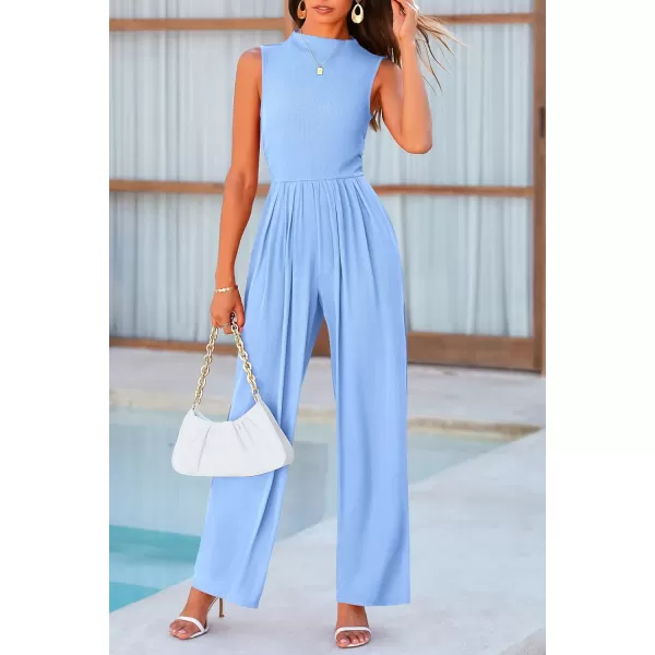 imagePRETTYGARDEN Womens Summer Jumpsuits Dressy Casual One Piece Outfits Sleeveless Mock Neck Wide Leg Pants Rompers with PocketsLight Blue