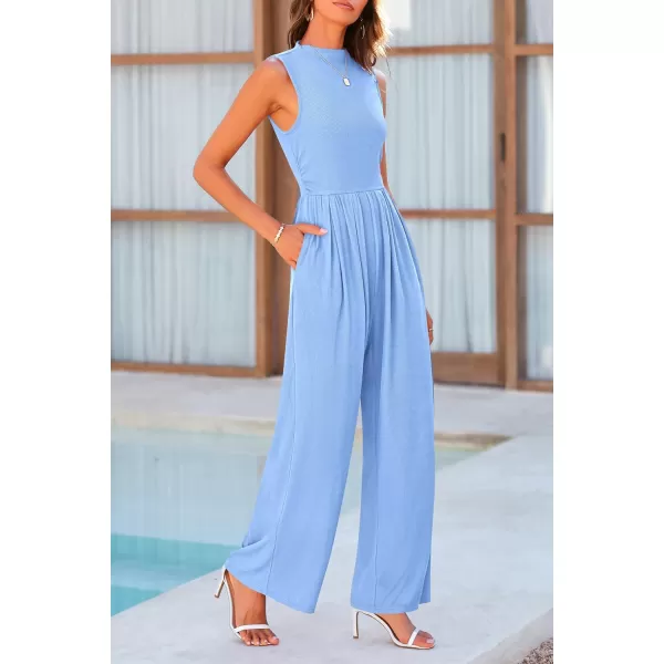 imagePRETTYGARDEN Womens Summer Jumpsuits Dressy Casual One Piece Outfits Sleeveless Mock Neck Wide Leg Pants Rompers with PocketsLight Blue