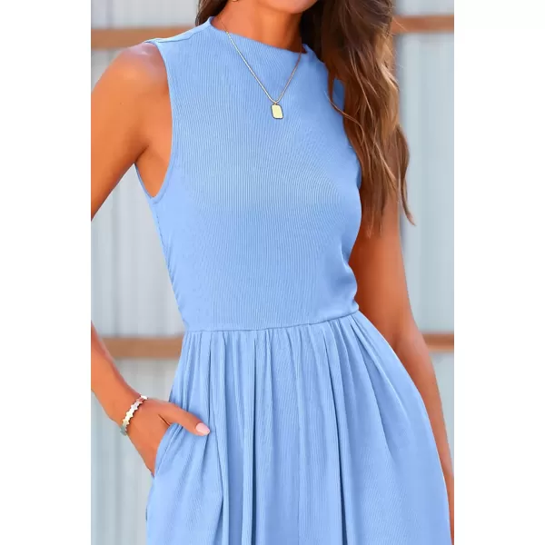 imagePRETTYGARDEN Womens Summer Jumpsuits Dressy Casual One Piece Outfits Sleeveless Mock Neck Wide Leg Pants Rompers with PocketsLight Blue