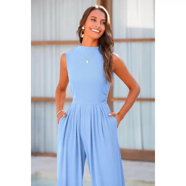 imagePRETTYGARDEN Womens Summer Jumpsuits Dressy Casual One Piece Outfits Sleeveless Mock Neck Wide Leg Pants Rompers with PocketsLight Blue