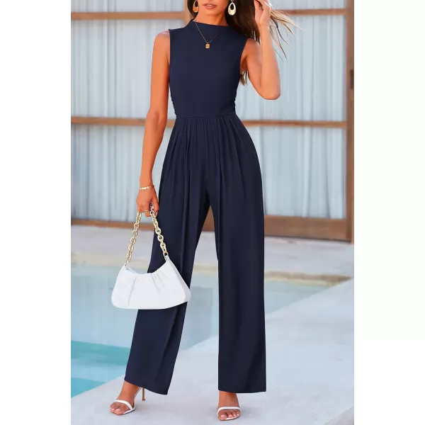 imagePRETTYGARDEN Womens Summer Jumpsuits Dressy Casual One Piece Outfits Sleeveless Mock Neck Wide Leg Pants Rompers with PocketsNavy