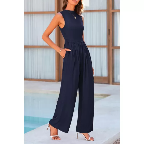 imagePRETTYGARDEN Womens Summer Jumpsuits Dressy Casual One Piece Outfits Sleeveless Mock Neck Wide Leg Pants Rompers with PocketsNavy