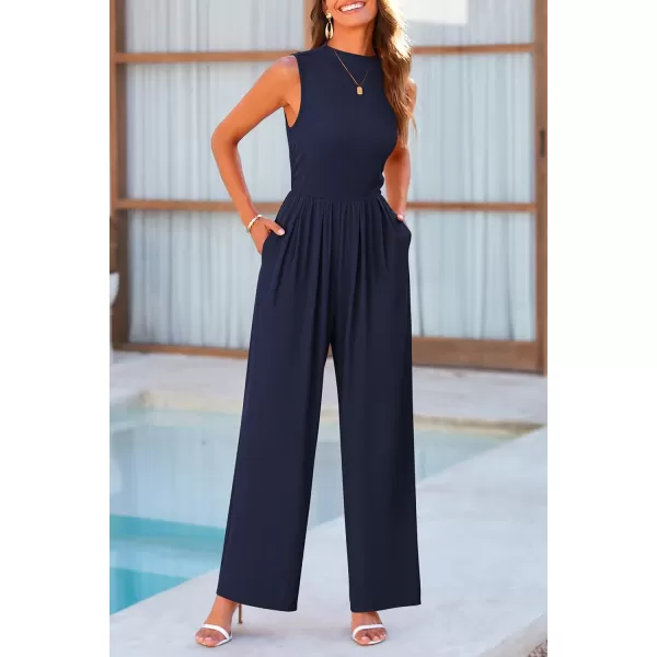 imagePRETTYGARDEN Womens Summer Jumpsuits Dressy Casual One Piece Outfits Sleeveless Mock Neck Wide Leg Pants Rompers with PocketsNavy