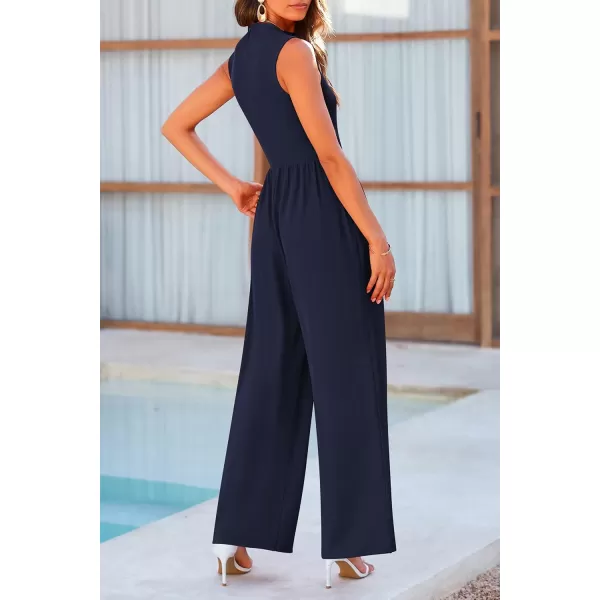 imagePRETTYGARDEN Womens Summer Jumpsuits Dressy Casual One Piece Outfits Sleeveless Mock Neck Wide Leg Pants Rompers with PocketsNavy