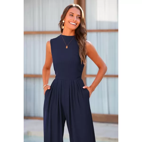 imagePRETTYGARDEN Womens Summer Jumpsuits Dressy Casual One Piece Outfits Sleeveless Mock Neck Wide Leg Pants Rompers with PocketsNavy