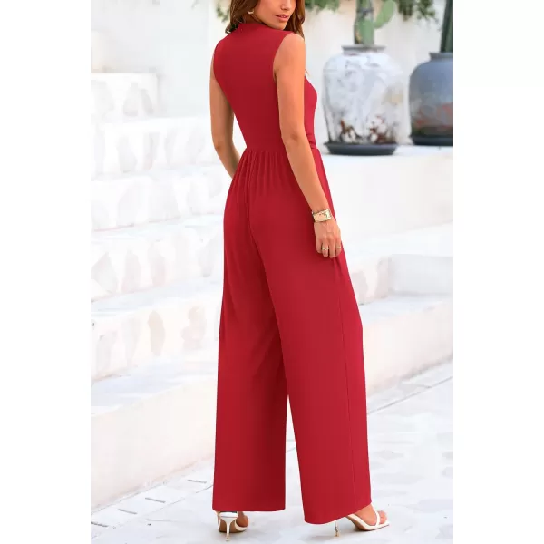 imagePRETTYGARDEN Womens Summer Jumpsuits Dressy Casual One Piece Outfits Sleeveless Mock Neck Wide Leg Pants Rompers with PocketsRed
