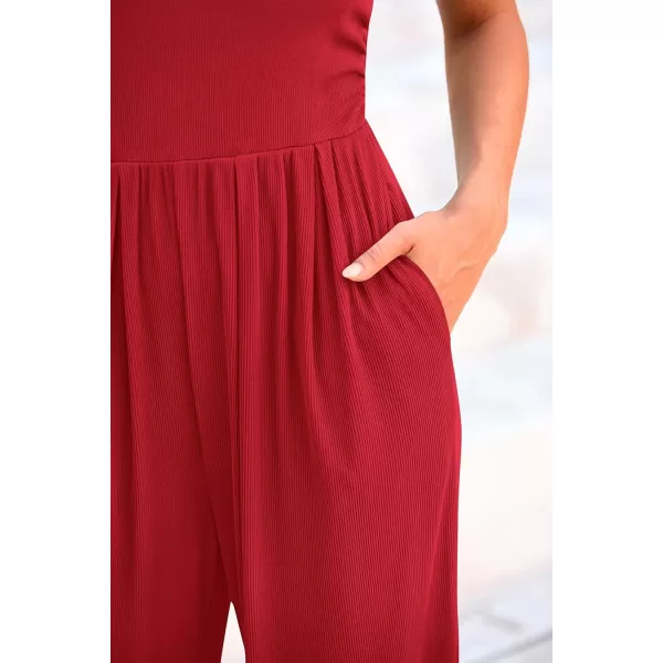 imagePRETTYGARDEN Womens Summer Jumpsuits Dressy Casual One Piece Outfits Sleeveless Mock Neck Wide Leg Pants Rompers with PocketsRed