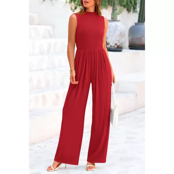 imagePRETTYGARDEN Womens Summer Jumpsuits Dressy Casual One Piece Outfits Sleeveless Mock Neck Wide Leg Pants Rompers with PocketsRed