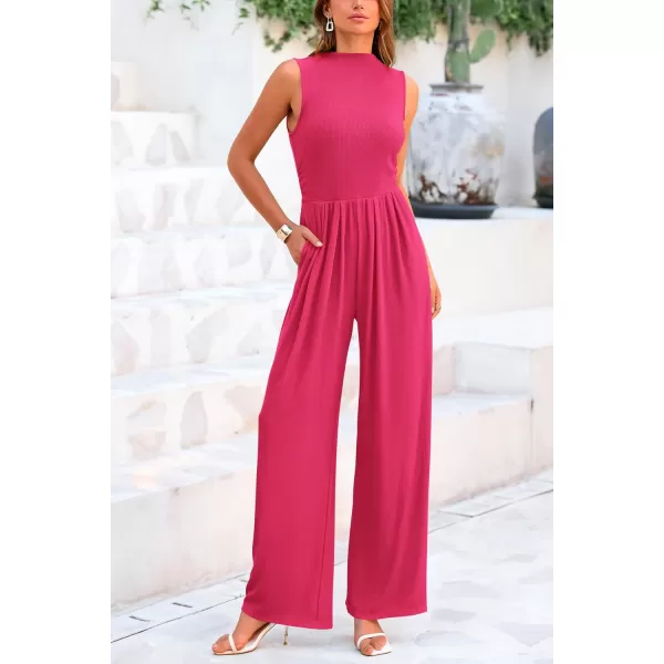 imagePRETTYGARDEN Womens Summer Jumpsuits Dressy Casual One Piece Outfits Sleeveless Mock Neck Wide Leg Pants Rompers with PocketsRose Red