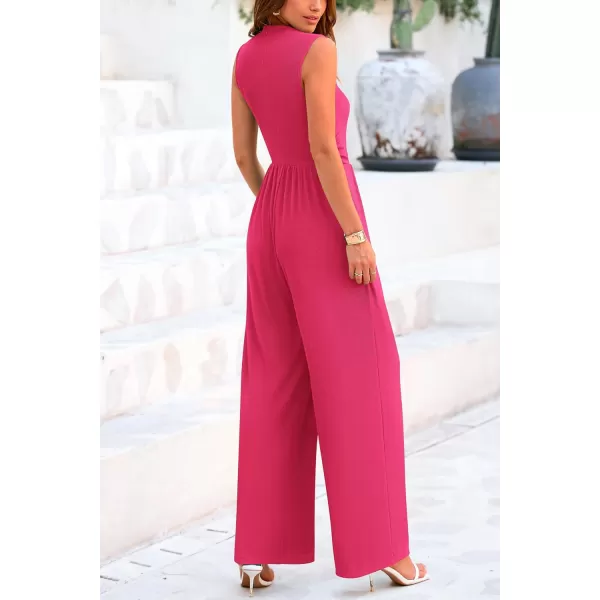 imagePRETTYGARDEN Womens Summer Jumpsuits Dressy Casual One Piece Outfits Sleeveless Mock Neck Wide Leg Pants Rompers with PocketsRose Red