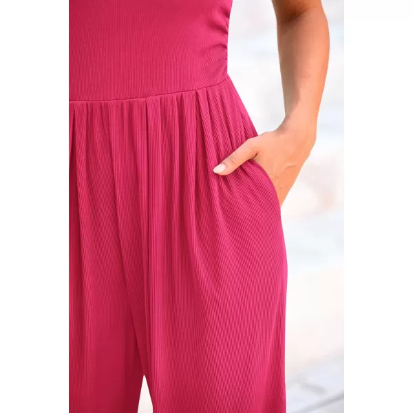imagePRETTYGARDEN Womens Summer Jumpsuits Dressy Casual One Piece Outfits Sleeveless Mock Neck Wide Leg Pants Rompers with PocketsRose Red