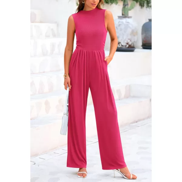 imagePRETTYGARDEN Womens Summer Jumpsuits Dressy Casual One Piece Outfits Sleeveless Mock Neck Wide Leg Pants Rompers with PocketsRose Red