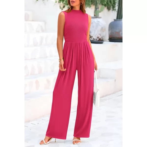 imagePRETTYGARDEN Womens Summer Jumpsuits Dressy Casual One Piece Outfits Sleeveless Mock Neck Wide Leg Pants Rompers with PocketsRose Red