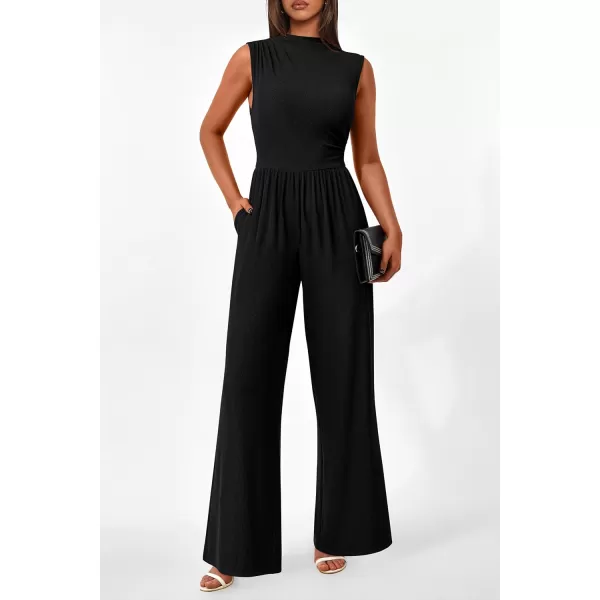 imagePRETTYGARDEN Womens Summer Jumpsuits Dressy Casual One Piece Outfits Sleeveless Mock Neck Wide Leg Pants Rompers with PocketsStyle2black