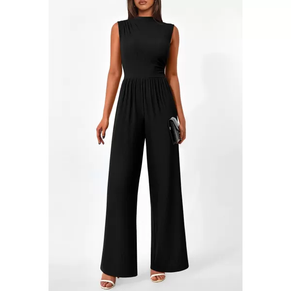 imagePRETTYGARDEN Womens Summer Jumpsuits Dressy Casual One Piece Outfits Sleeveless Mock Neck Wide Leg Pants Rompers with PocketsStyle2black