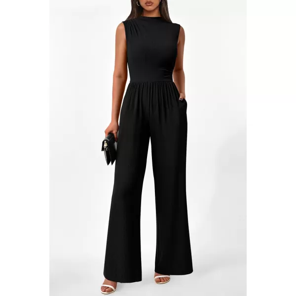 imagePRETTYGARDEN Womens Summer Jumpsuits Dressy Casual One Piece Outfits Sleeveless Mock Neck Wide Leg Pants Rompers with PocketsStyle2black
