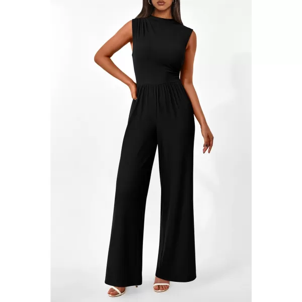 imagePRETTYGARDEN Womens Summer Jumpsuits Dressy Casual One Piece Outfits Sleeveless Mock Neck Wide Leg Pants Rompers with PocketsStyle2black