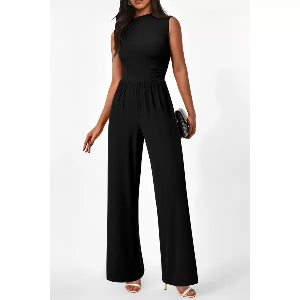 imagePRETTYGARDEN Womens Summer Jumpsuits Dressy Casual One Piece Outfits Sleeveless Mock Neck Wide Leg Pants Rompers with PocketsStyle2black