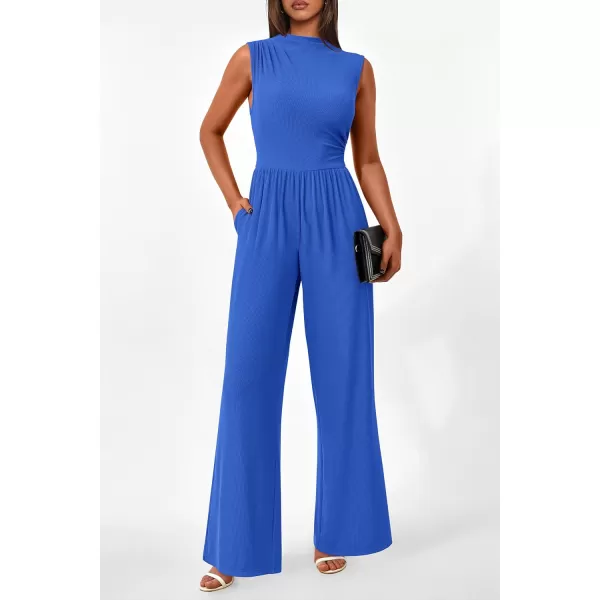 imagePRETTYGARDEN Womens Summer Jumpsuits Dressy Casual One Piece Outfits Sleeveless Mock Neck Wide Leg Pants Rompers with PocketsStyle2blue
