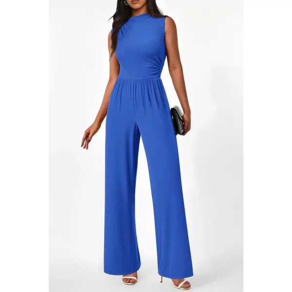 imagePRETTYGARDEN Womens Summer Jumpsuits Dressy Casual One Piece Outfits Sleeveless Mock Neck Wide Leg Pants Rompers with PocketsStyle2blue