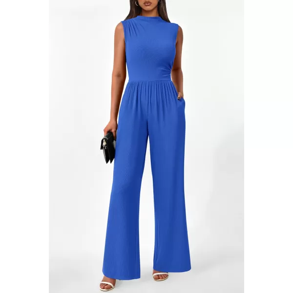 imagePRETTYGARDEN Womens Summer Jumpsuits Dressy Casual One Piece Outfits Sleeveless Mock Neck Wide Leg Pants Rompers with PocketsStyle2blue