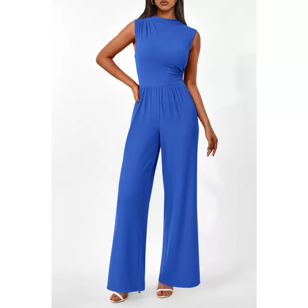 imagePRETTYGARDEN Womens Summer Jumpsuits Dressy Casual One Piece Outfits Sleeveless Mock Neck Wide Leg Pants Rompers with PocketsStyle2blue
