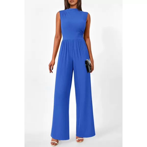 imagePRETTYGARDEN Womens Summer Jumpsuits Dressy Casual One Piece Outfits Sleeveless Mock Neck Wide Leg Pants Rompers with PocketsStyle2blue