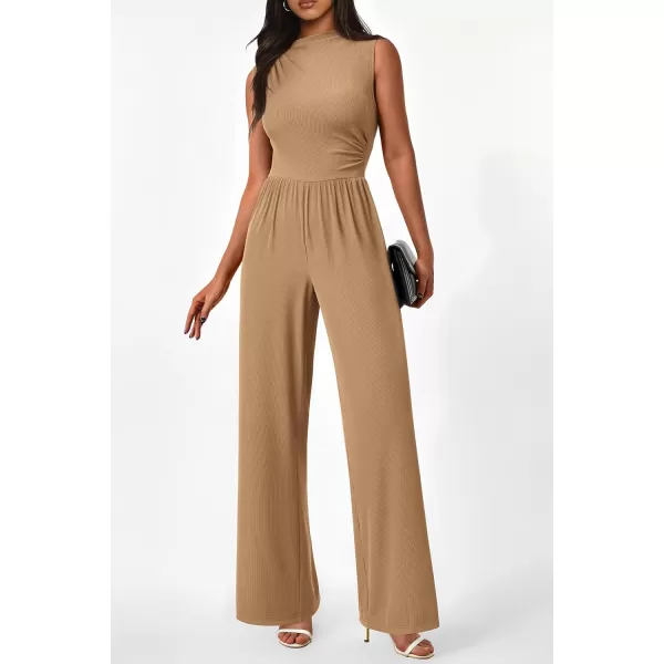 imagePRETTYGARDEN Womens Summer Jumpsuits Dressy Casual One Piece Outfits Sleeveless Mock Neck Wide Leg Pants Rompers with PocketsStyle2camel