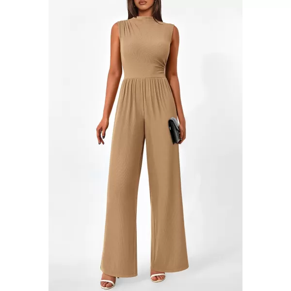 imagePRETTYGARDEN Womens Summer Jumpsuits Dressy Casual One Piece Outfits Sleeveless Mock Neck Wide Leg Pants Rompers with PocketsStyle2camel