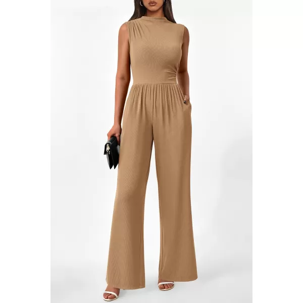 imagePRETTYGARDEN Womens Summer Jumpsuits Dressy Casual One Piece Outfits Sleeveless Mock Neck Wide Leg Pants Rompers with PocketsStyle2camel