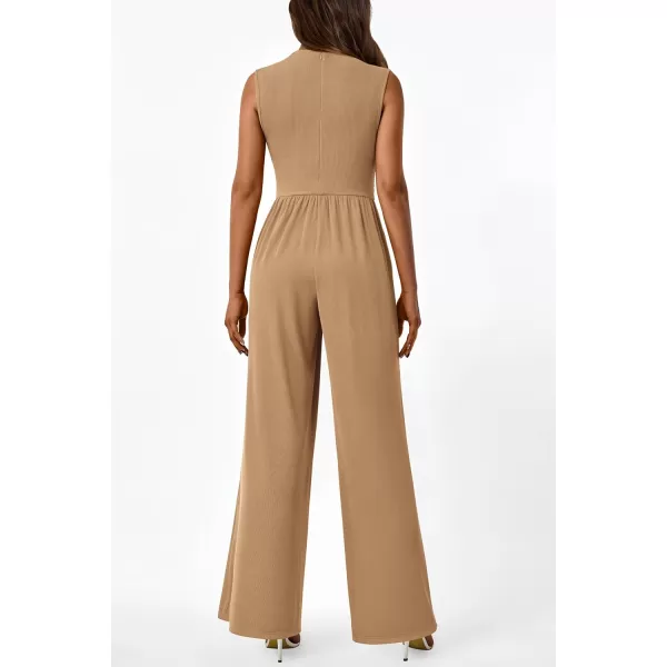 imagePRETTYGARDEN Womens Summer Jumpsuits Dressy Casual One Piece Outfits Sleeveless Mock Neck Wide Leg Pants Rompers with PocketsStyle2camel