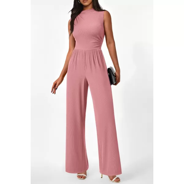 imagePRETTYGARDEN Womens Summer Jumpsuits Dressy Casual One Piece Outfits Sleeveless Mock Neck Wide Leg Pants Rompers with PocketsStyle2dusty Pink