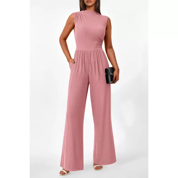 imagePRETTYGARDEN Womens Summer Jumpsuits Dressy Casual One Piece Outfits Sleeveless Mock Neck Wide Leg Pants Rompers with PocketsStyle2dusty Pink