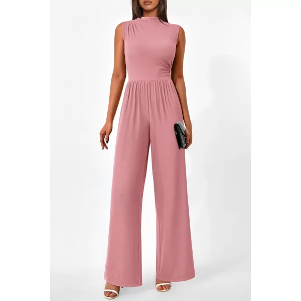 imagePRETTYGARDEN Womens Summer Jumpsuits Dressy Casual One Piece Outfits Sleeveless Mock Neck Wide Leg Pants Rompers with PocketsStyle2dusty Pink