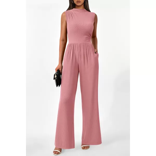 imagePRETTYGARDEN Womens Summer Jumpsuits Dressy Casual One Piece Outfits Sleeveless Mock Neck Wide Leg Pants Rompers with PocketsStyle2dusty Pink