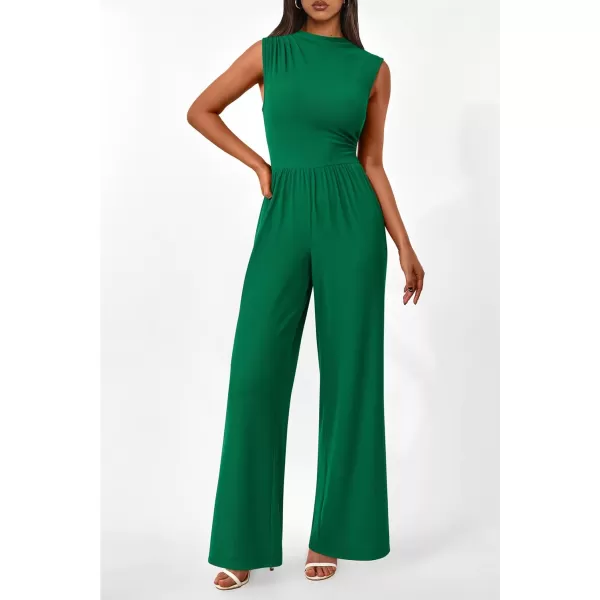 imagePRETTYGARDEN Womens Summer Jumpsuits Dressy Casual One Piece Outfits Sleeveless Mock Neck Wide Leg Pants Rompers with PocketsStyle2green