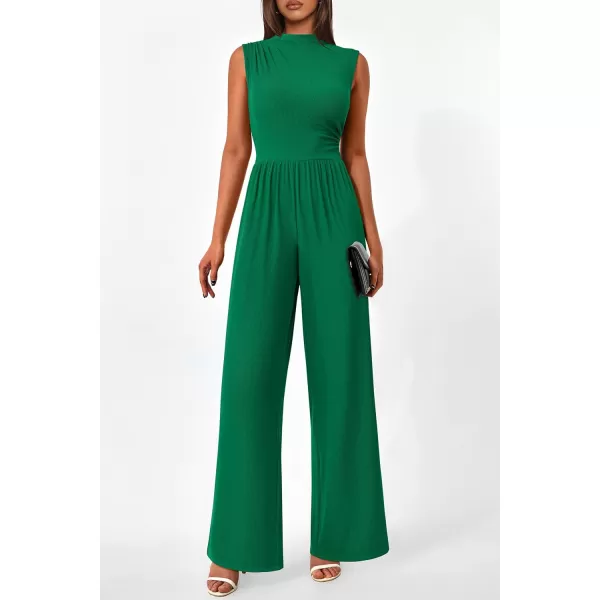 imagePRETTYGARDEN Womens Summer Jumpsuits Dressy Casual One Piece Outfits Sleeveless Mock Neck Wide Leg Pants Rompers with PocketsStyle2green