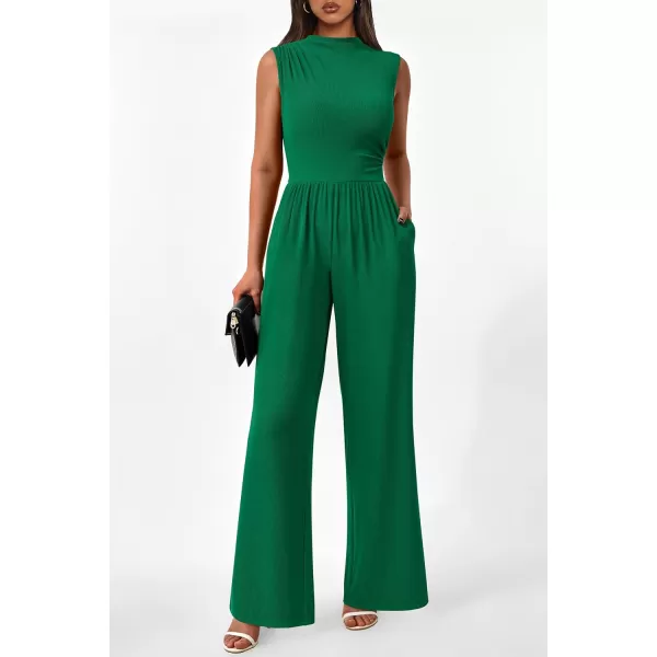 imagePRETTYGARDEN Womens Summer Jumpsuits Dressy Casual One Piece Outfits Sleeveless Mock Neck Wide Leg Pants Rompers with PocketsStyle2green