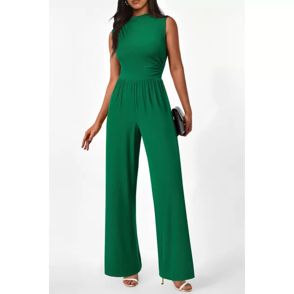 imagePRETTYGARDEN Womens Summer Jumpsuits Dressy Casual One Piece Outfits Sleeveless Mock Neck Wide Leg Pants Rompers with PocketsStyle2green