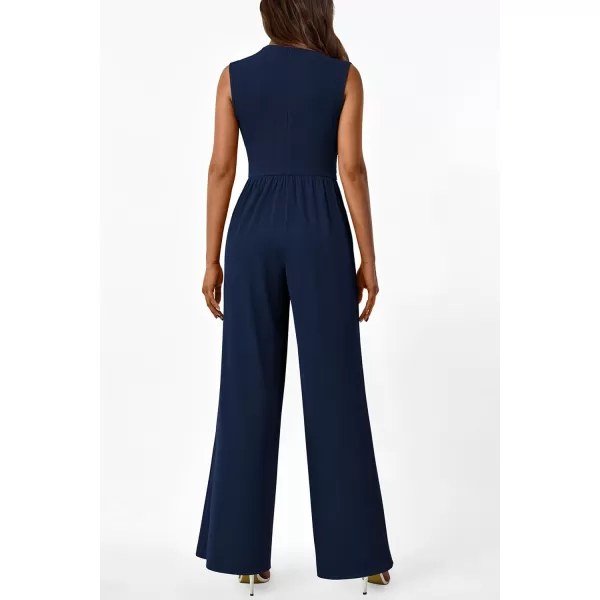 imagePRETTYGARDEN Womens Summer Jumpsuits Dressy Casual One Piece Outfits Sleeveless Mock Neck Wide Leg Pants Rompers with PocketsStyle2navy