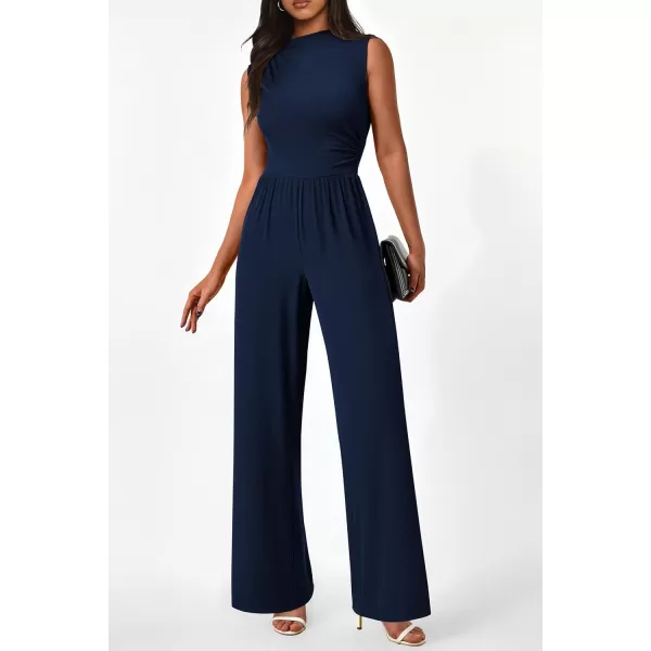 imagePRETTYGARDEN Womens Summer Jumpsuits Dressy Casual One Piece Outfits Sleeveless Mock Neck Wide Leg Pants Rompers with PocketsStyle2navy