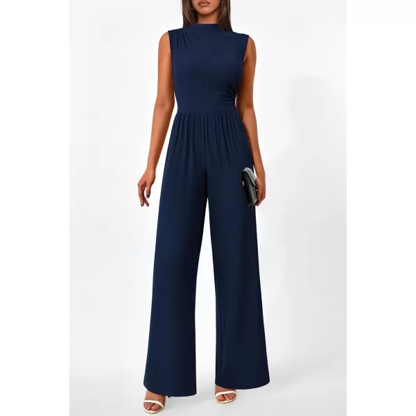 imagePRETTYGARDEN Womens Summer Jumpsuits Dressy Casual One Piece Outfits Sleeveless Mock Neck Wide Leg Pants Rompers with PocketsStyle2navy
