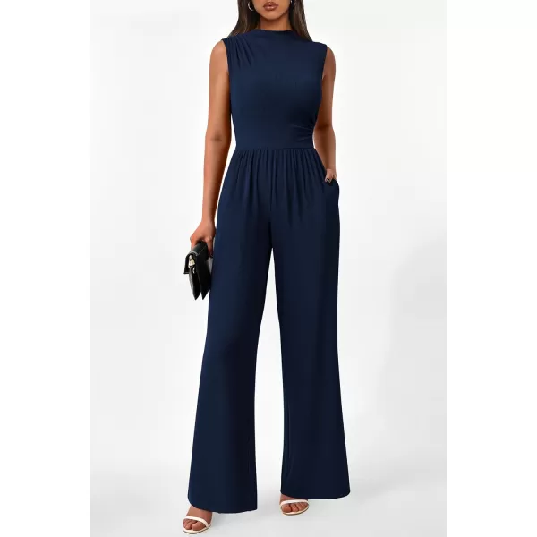 imagePRETTYGARDEN Womens Summer Jumpsuits Dressy Casual One Piece Outfits Sleeveless Mock Neck Wide Leg Pants Rompers with PocketsStyle2navy