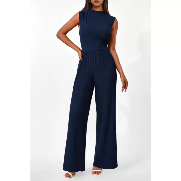 imagePRETTYGARDEN Womens Summer Jumpsuits Dressy Casual One Piece Outfits Sleeveless Mock Neck Wide Leg Pants Rompers with PocketsStyle2navy