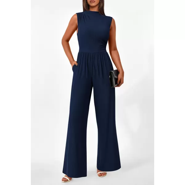 imagePRETTYGARDEN Womens Summer Jumpsuits Dressy Casual One Piece Outfits Sleeveless Mock Neck Wide Leg Pants Rompers with PocketsStyle2navy