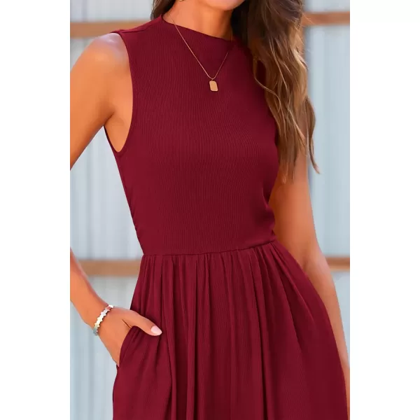 imagePRETTYGARDEN Womens Summer Jumpsuits Dressy Casual One Piece Outfits Sleeveless Mock Neck Wide Leg Pants Rompers with PocketsWine Red