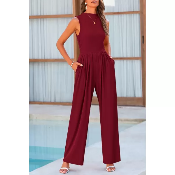 imagePRETTYGARDEN Womens Summer Jumpsuits Dressy Casual One Piece Outfits Sleeveless Mock Neck Wide Leg Pants Rompers with PocketsWine Red
