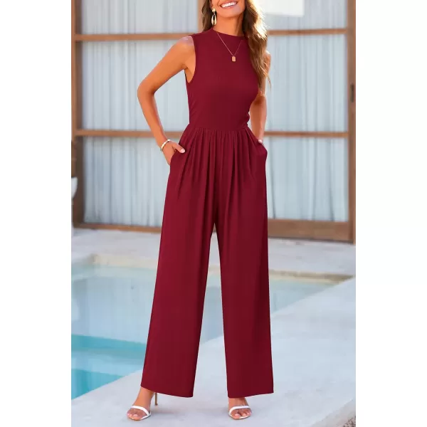 imagePRETTYGARDEN Womens Summer Jumpsuits Dressy Casual One Piece Outfits Sleeveless Mock Neck Wide Leg Pants Rompers with PocketsWine Red