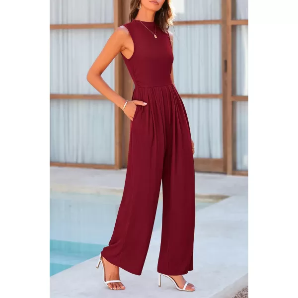imagePRETTYGARDEN Womens Summer Jumpsuits Dressy Casual One Piece Outfits Sleeveless Mock Neck Wide Leg Pants Rompers with PocketsWine Red