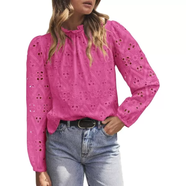 imagePRETTYGARDEN Womens Blouses Dressy Casual Embroidered Long Puff Sleeve Shirts Ruffle Eyelet Lace Top Fall ClothesRose Red